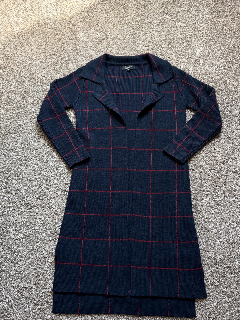 Papillon Navy Duster with Red Windowpane Grid